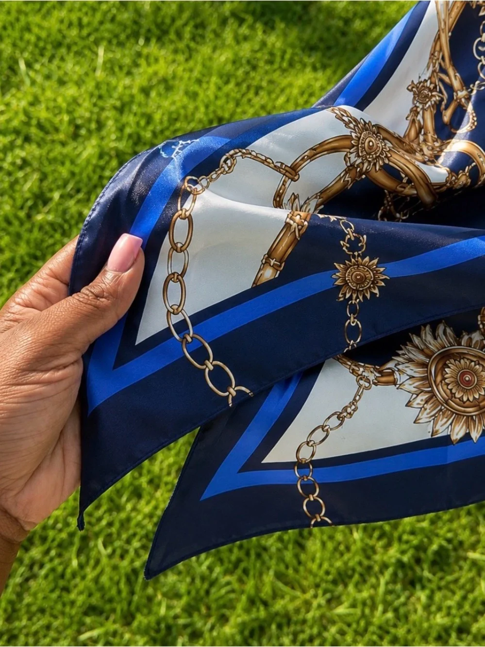 Silk-Feel Navy and Gold Chain Print Neck Scarf